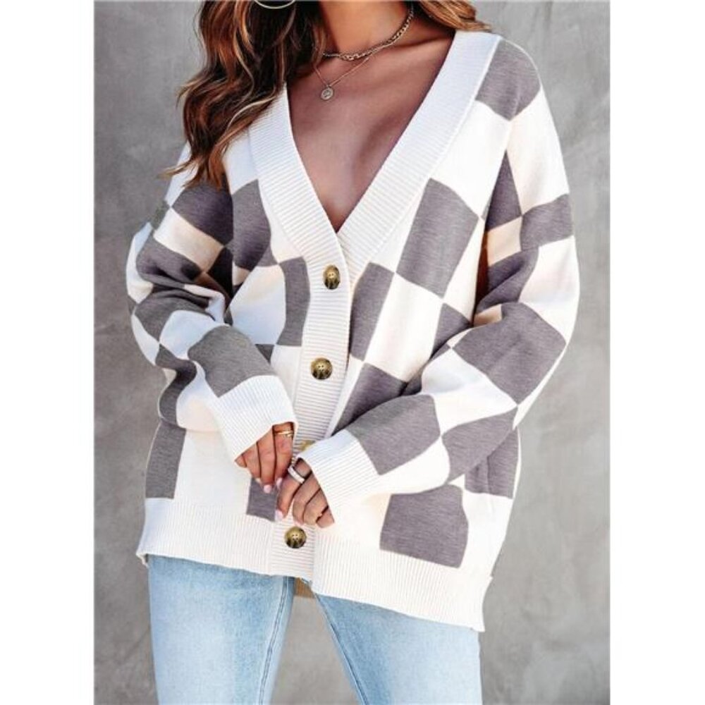 NEW Womens Plaid V Neck Button Down Long Sleeve Cable Knit Oversized Cardigan - Picture 2 of 6